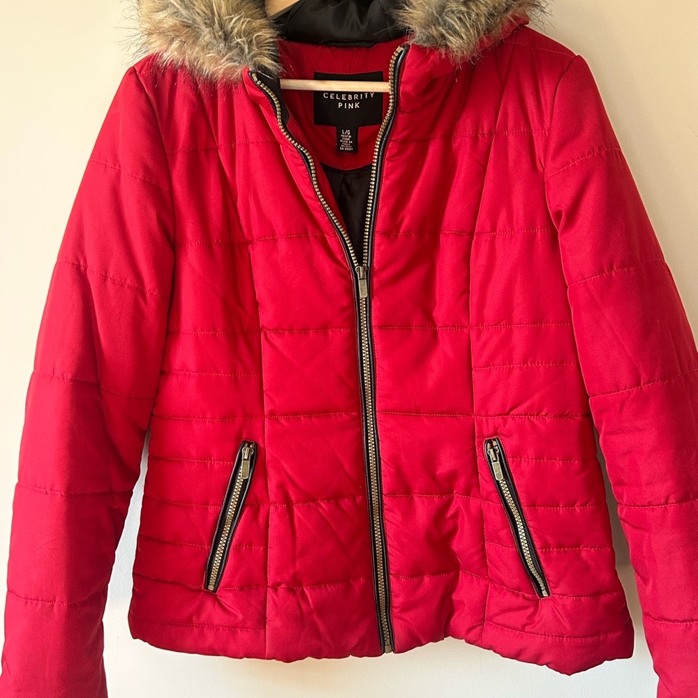Celebrity Pink Juniors Teens Puffer Coat with Faux Fur Trim Hood Red Size L